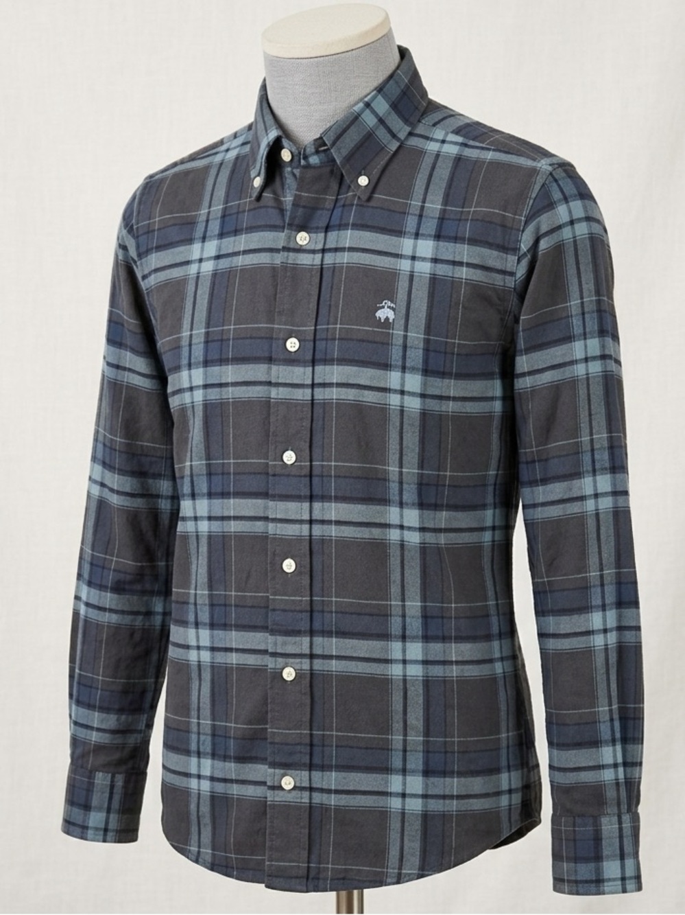 Brooks Brothers Mens Medium Grey Blue Plaid Sport Shirt Slim Fit Preppy Academia
